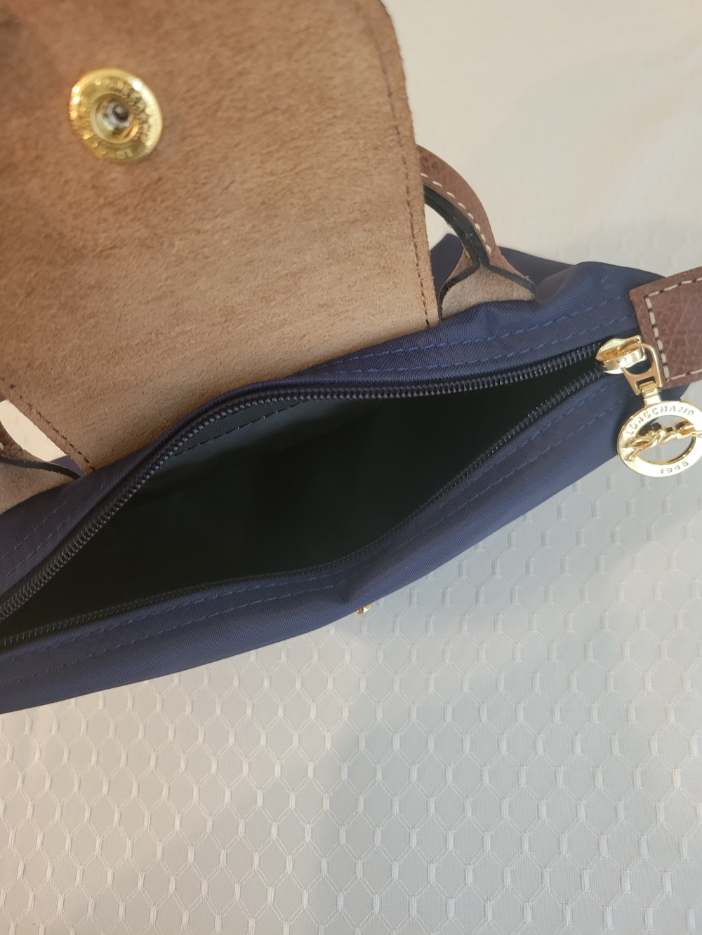Longchamp Mini Top-Handle Pounch Navy and Brown Leather - Picture 6 of 8
